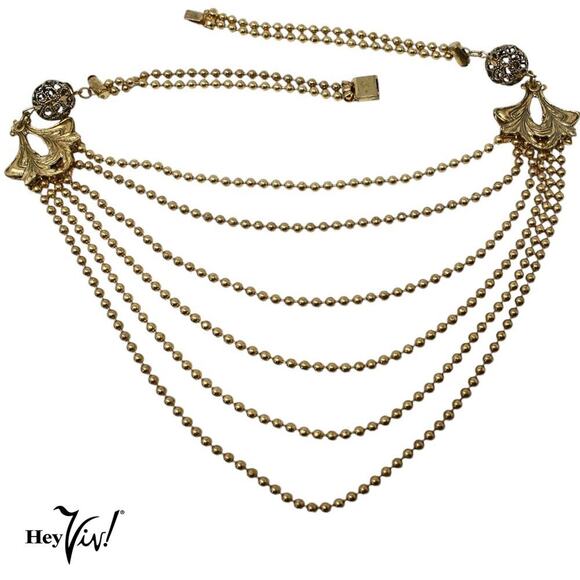 Vintage Multi Strand Necklace Tiny Gold Metal Beads Ornate Ends 16" - Hey Viv - Picture 4 of 6